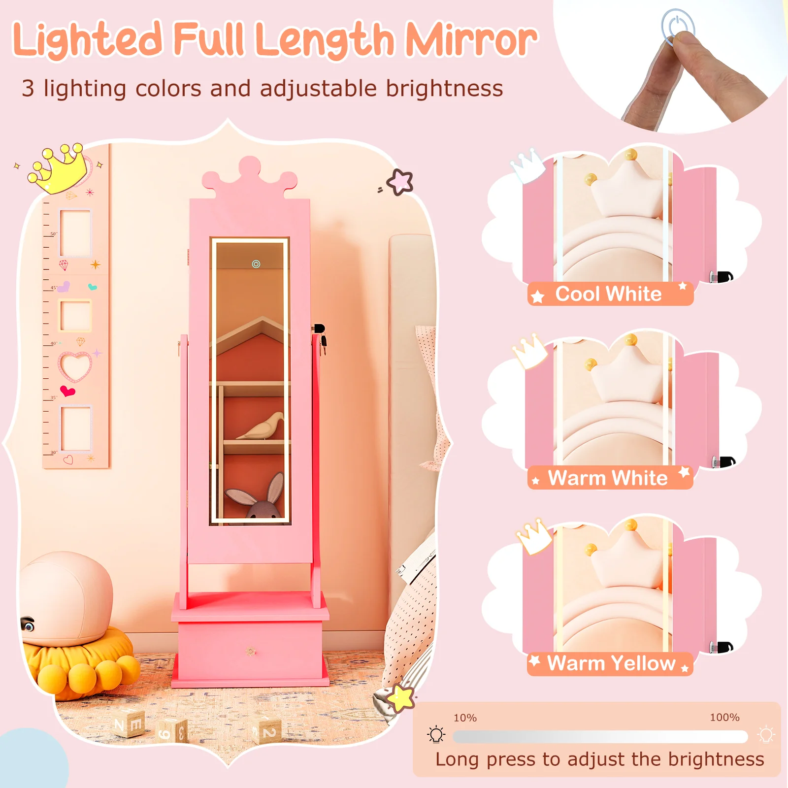 Kids Jewelry Armoire, With 3-Color Lighted Full Length Mirror, Pink - Image 9
