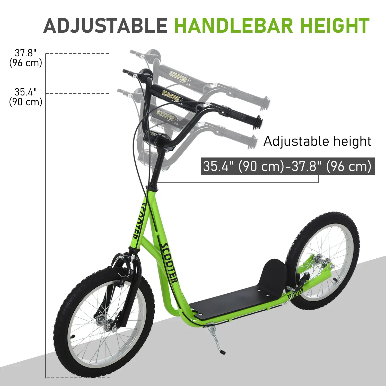 Kids Kick Scooter, 5+ Years, 16'' Inflatable Wheel, Dual Brakes, Green - Image 4