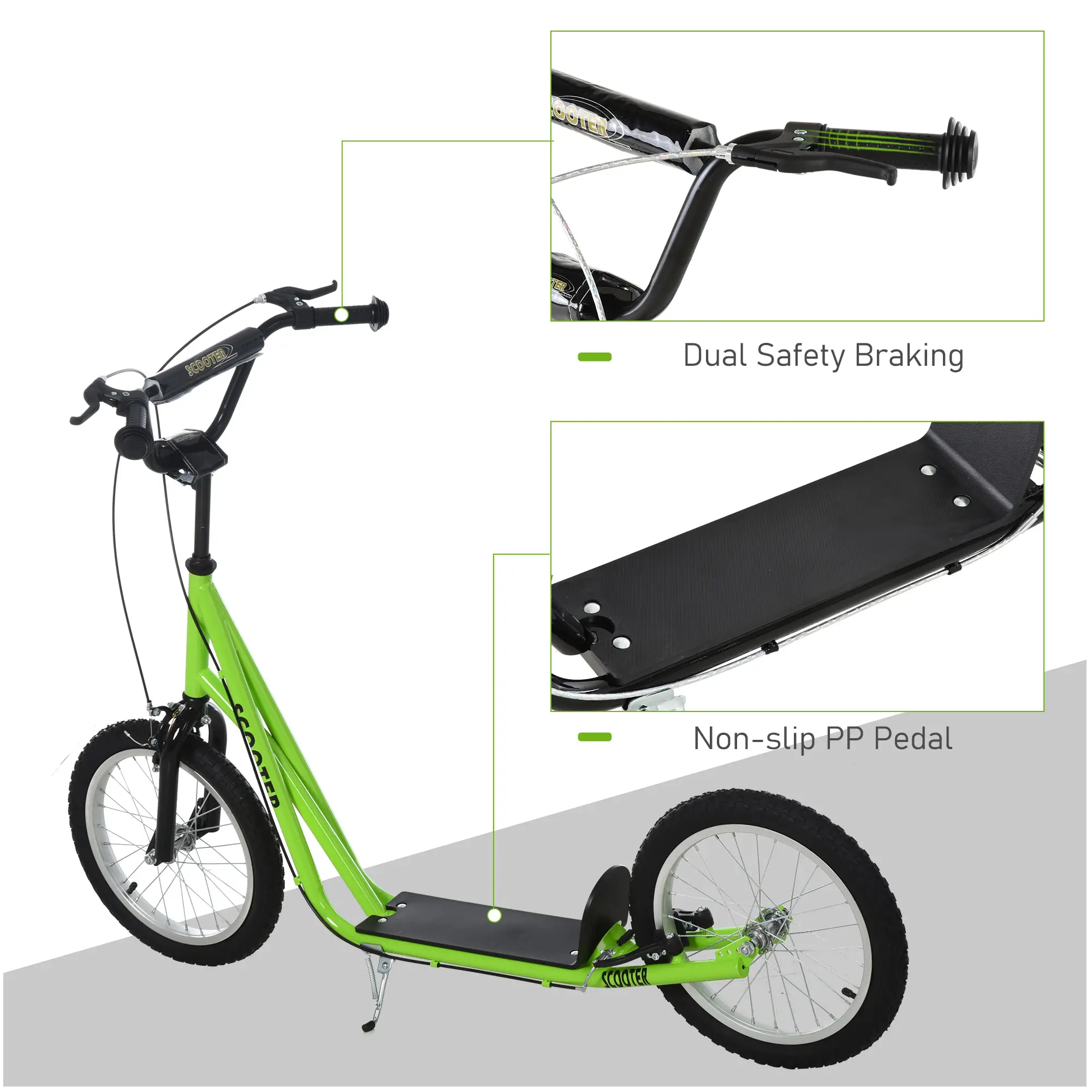 Kids Kick Scooter, 5+ Years, 16'' Inflatable Wheel, Dual Brakes, Green - Image 7