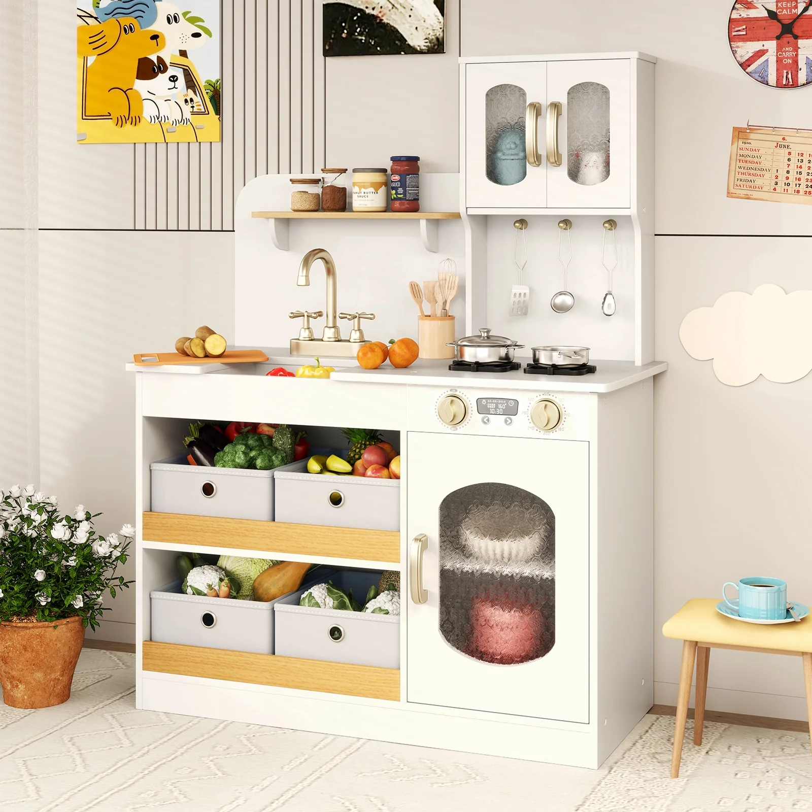Kids Kitchen Playset With Cooking Accessories, Toy Cuttable Veggies, White - Image 2
