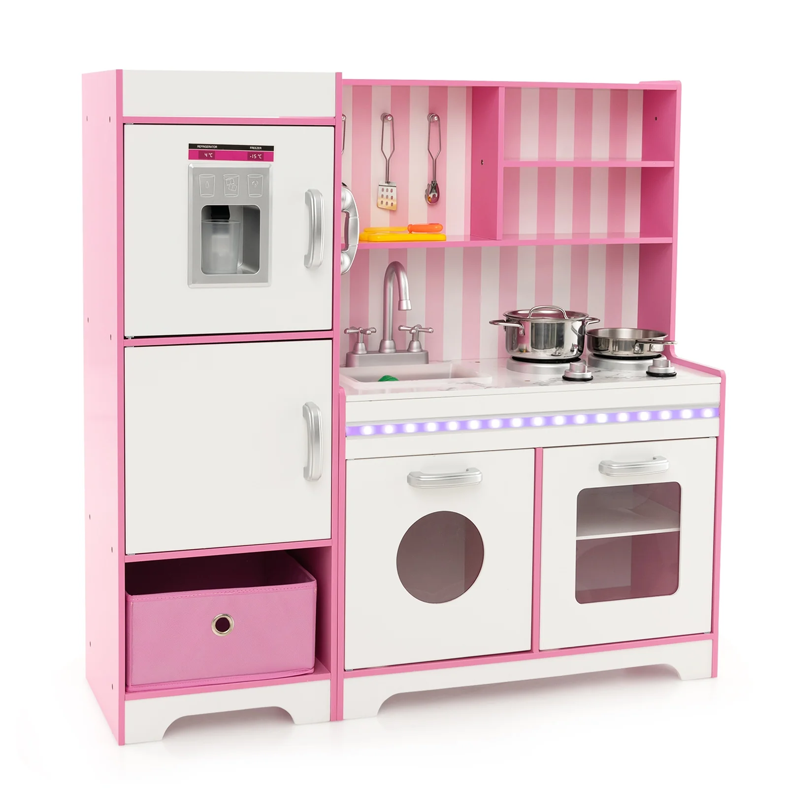 Kids Kitchen Playset, Wooden Toy With Adjustable LED Lights, Pink