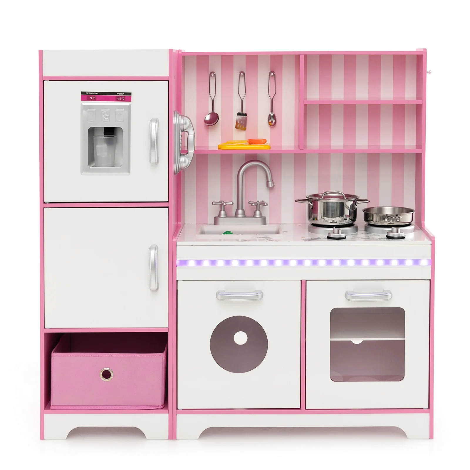 Kids Kitchen Playset, Wooden Toy With Adjustable LED Lights, Pink - Image 10