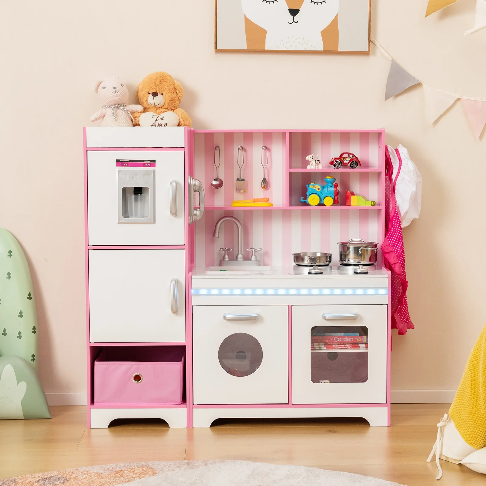 Kids Kitchen Playset, Wooden Toy With Adjustable LED Lights, Pink - Image 2