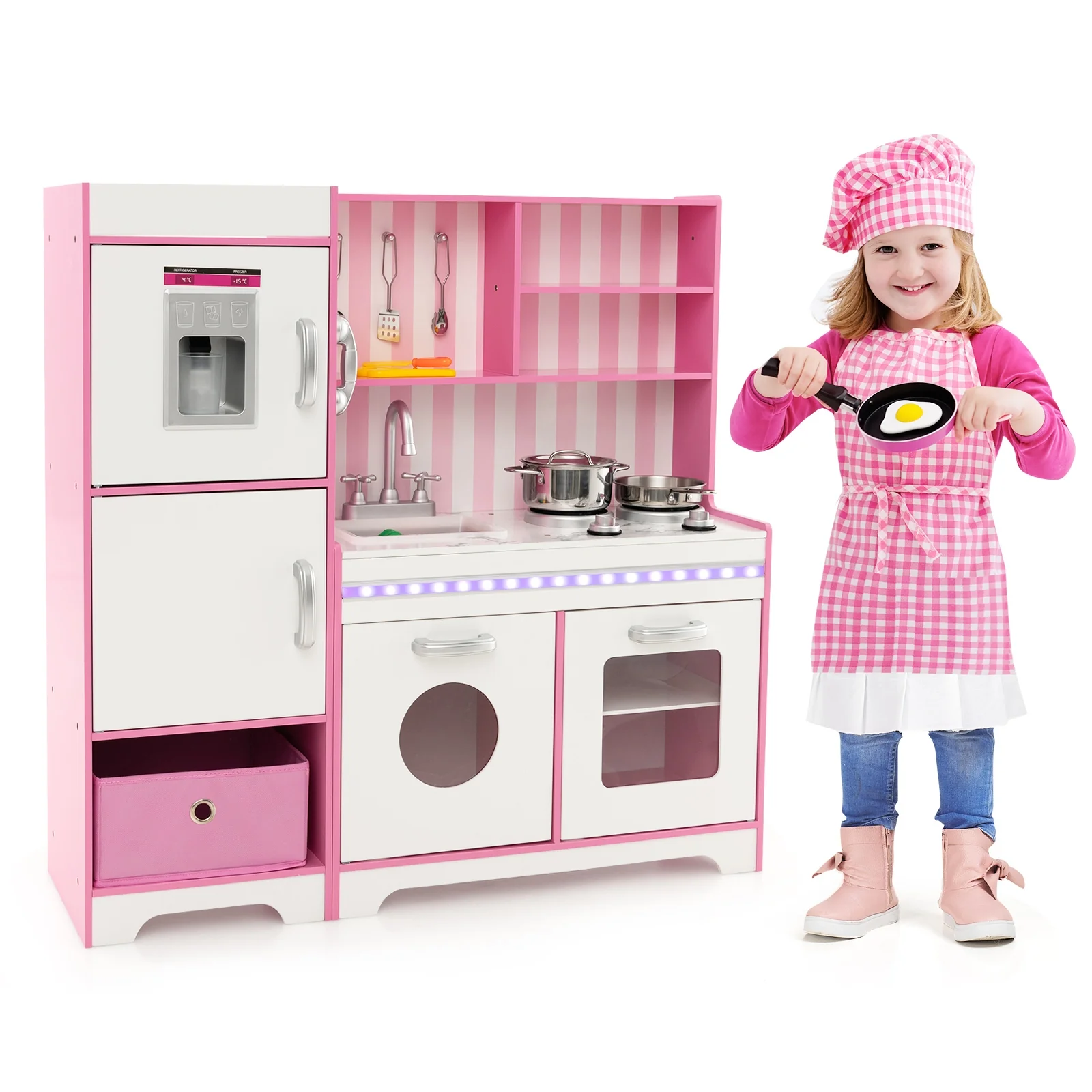 Kids Kitchen Playset, Wooden Toy With Adjustable LED Lights, Pink - Image 4
