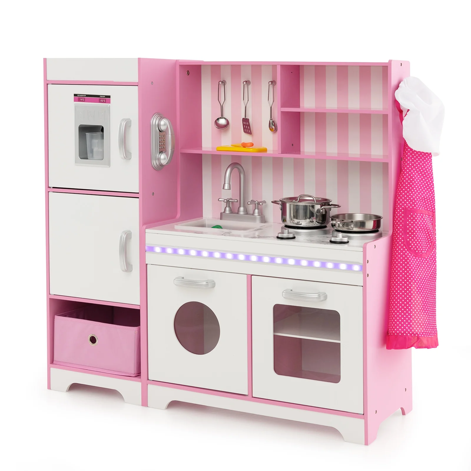 Kids Kitchen Playset, Wooden Toy With Adjustable LED Lights, Pink - Image 5