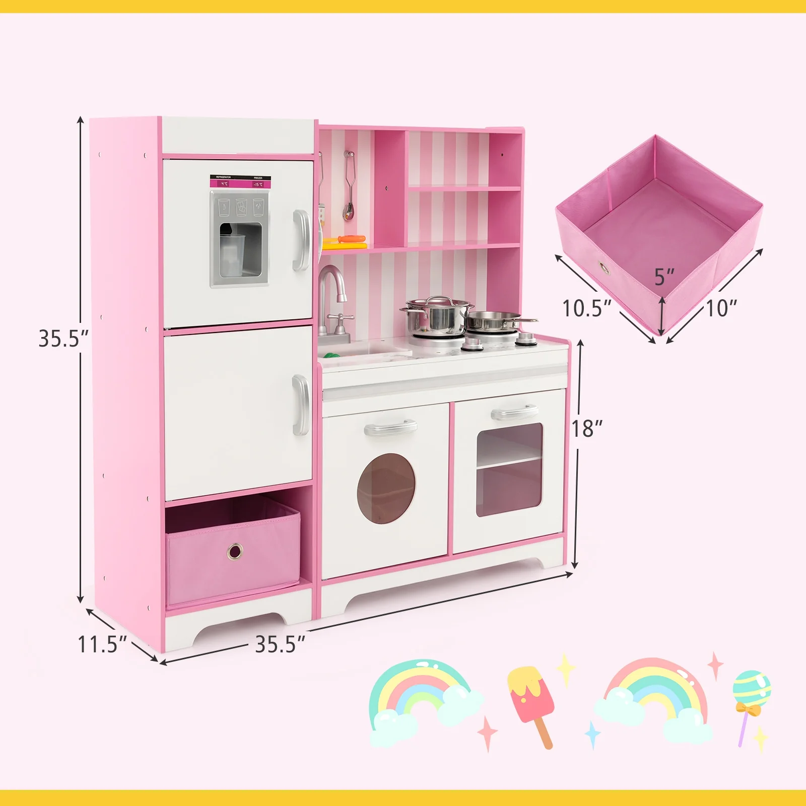 Kids Kitchen Playset, Wooden Toy With Adjustable LED Lights, Pink - Image 6