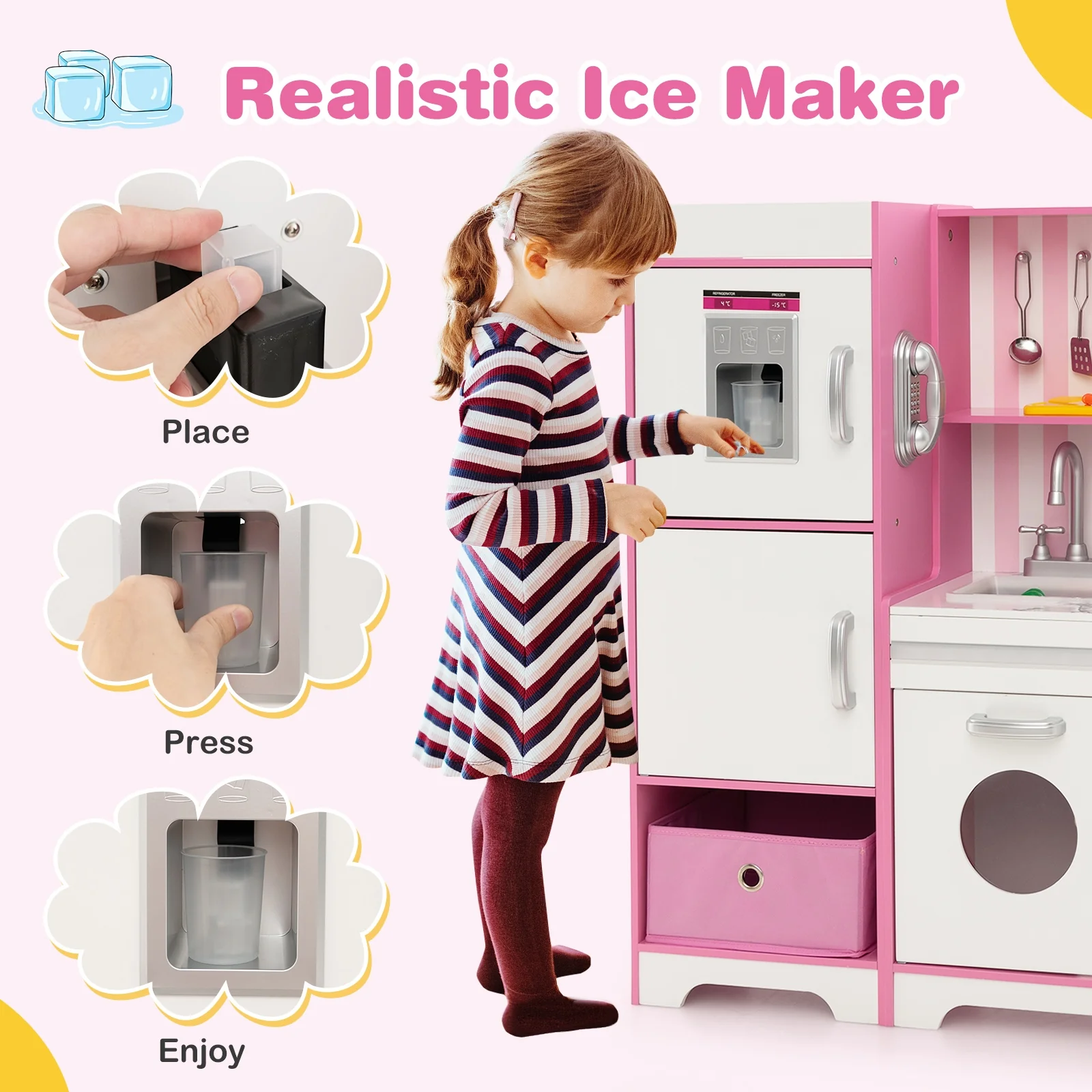 Kids Kitchen Playset, Wooden Toy With Adjustable LED Lights, Pink - Image 7