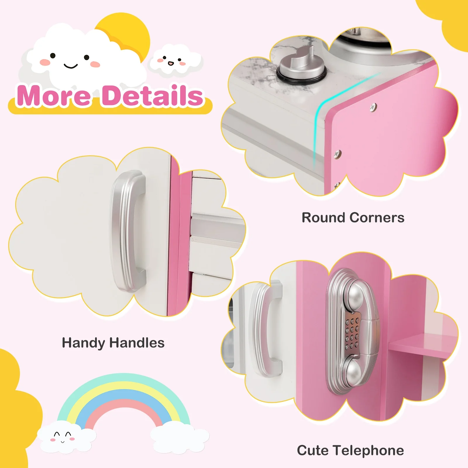 Kids Kitchen Playset, Wooden Toy With Adjustable LED Lights, Pink - Image 8