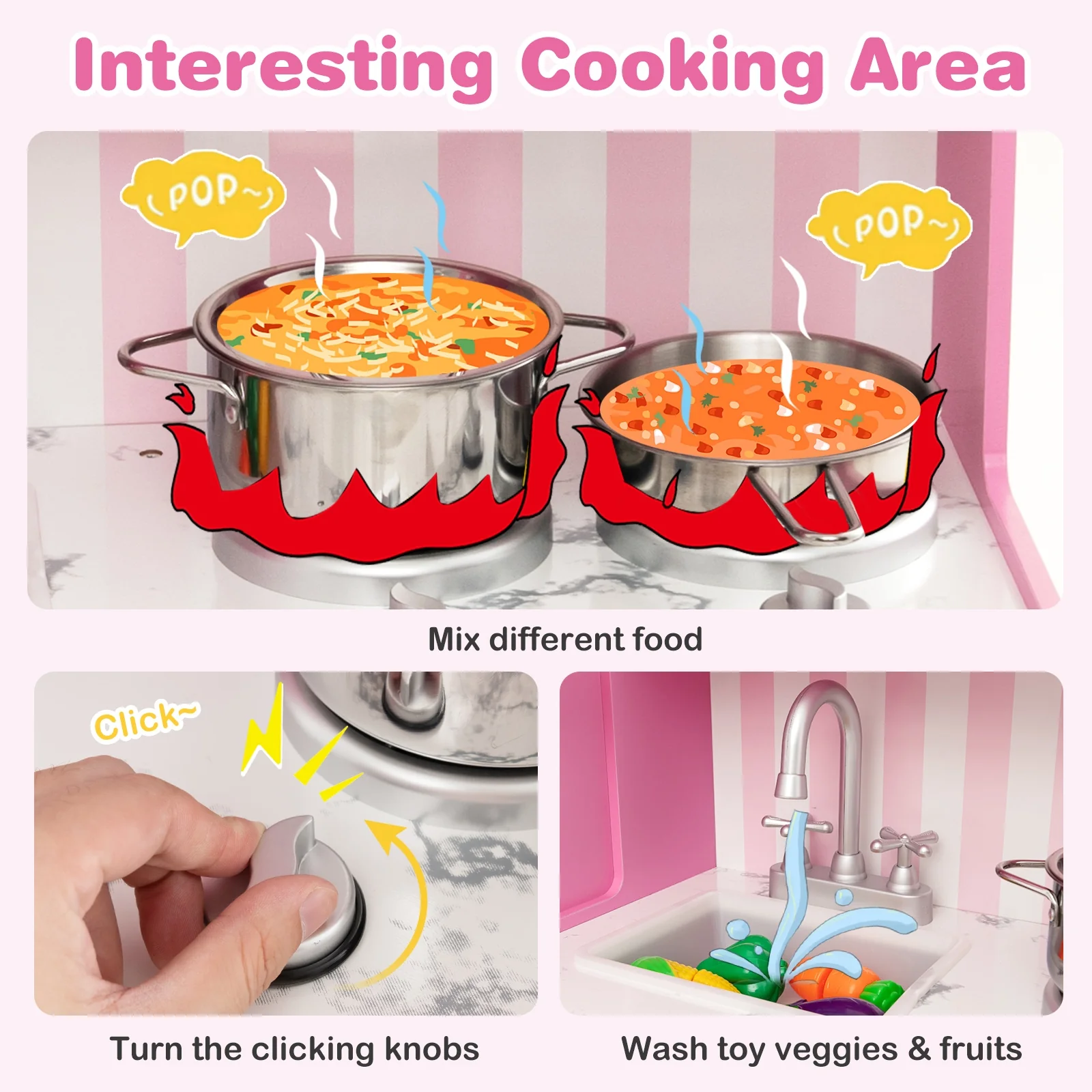 Kids Kitchen Playset, Wooden Toy With Adjustable LED Lights, Pink - Image 9
