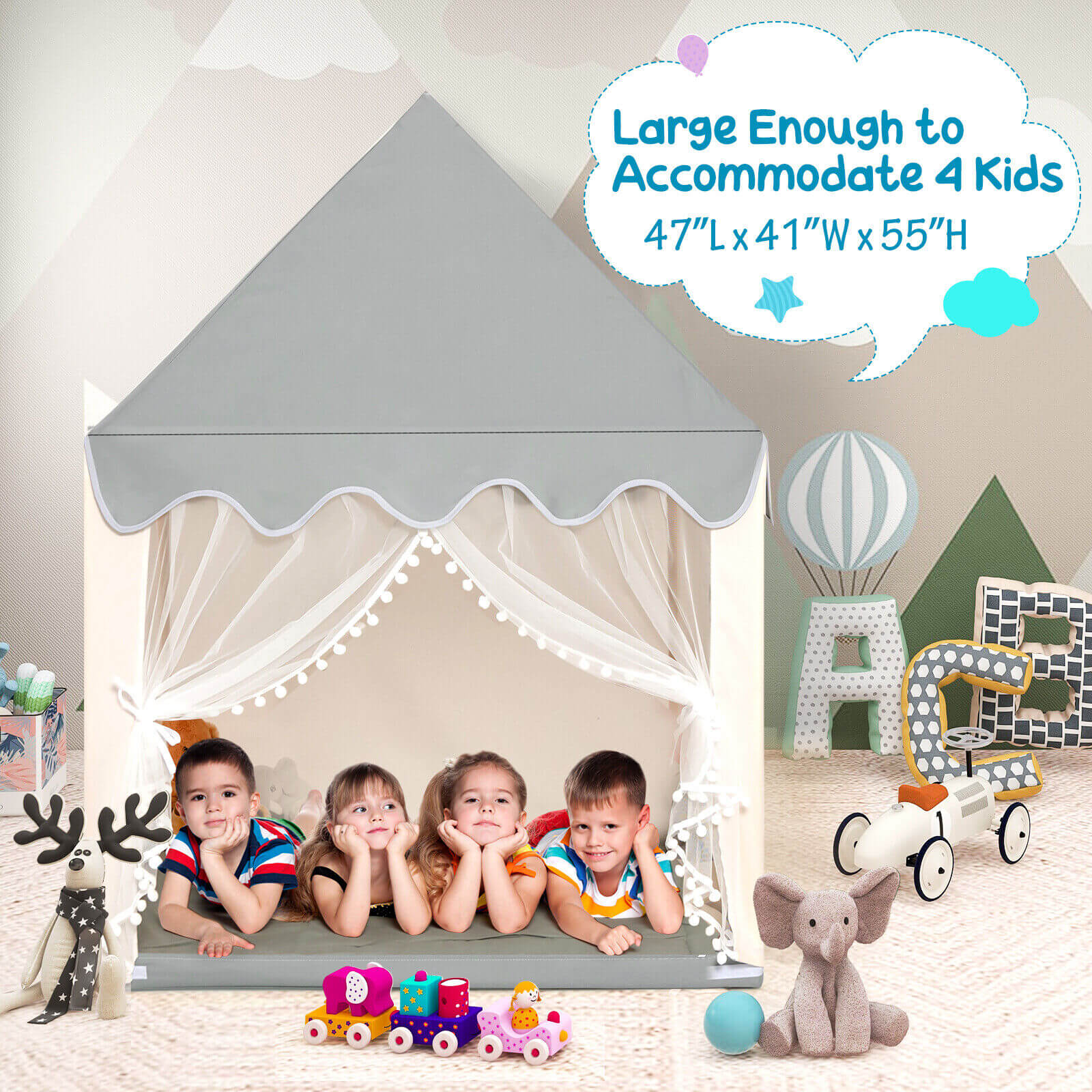 Kids Large Play Castle Fairy Tent With Mat, Beige - Image 10