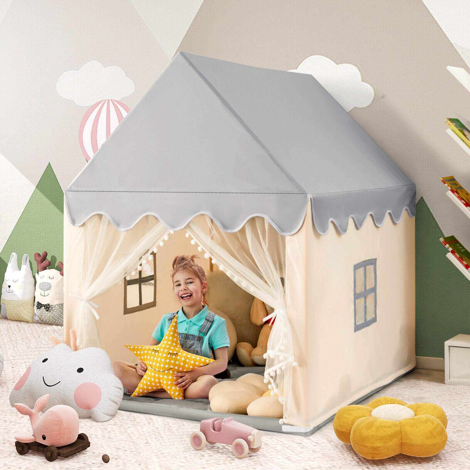 Kids Large Play Castle Fairy Tent With Mat, Beige - Image 3