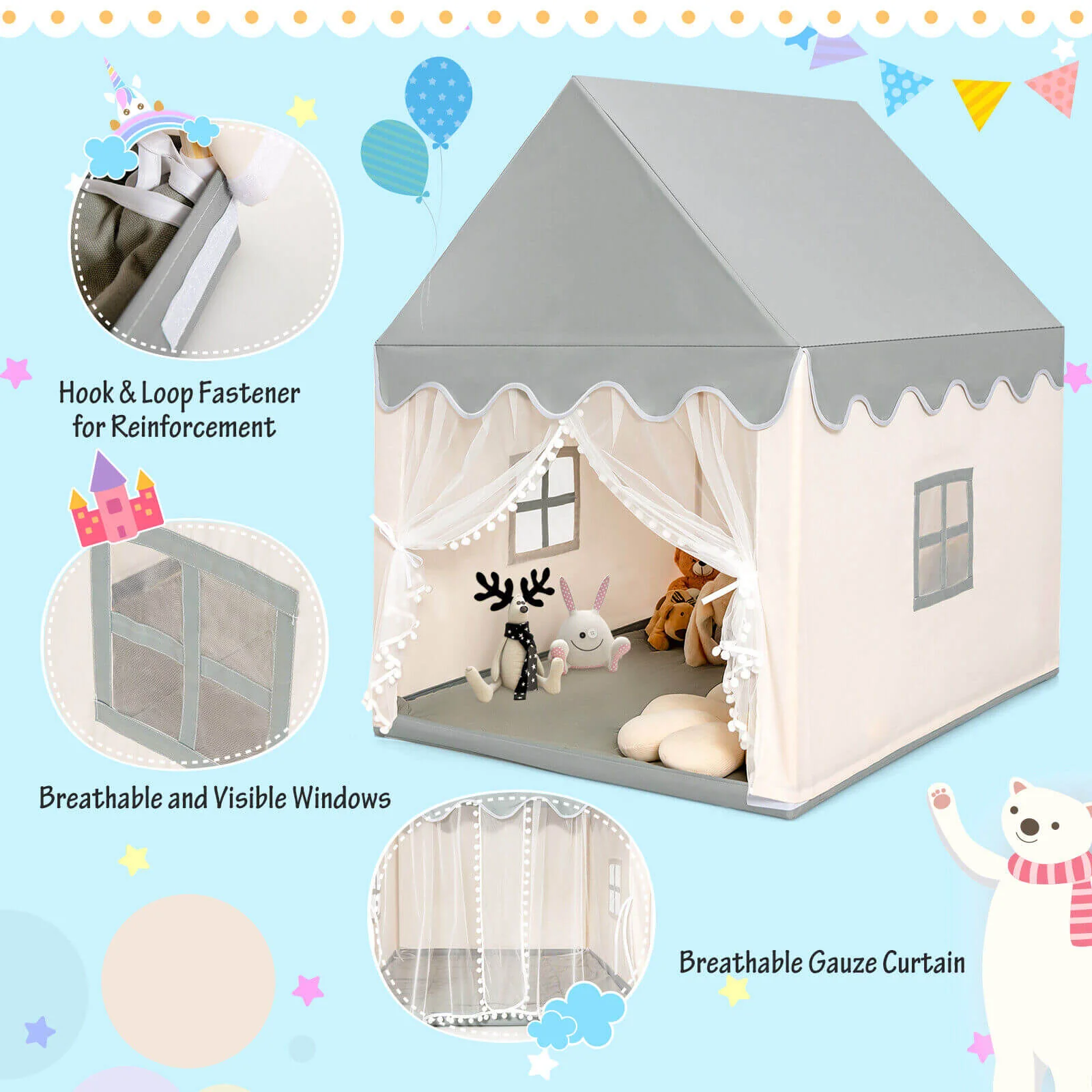 Kids Large Play Castle Fairy Tent With Mat, Beige - Image 7