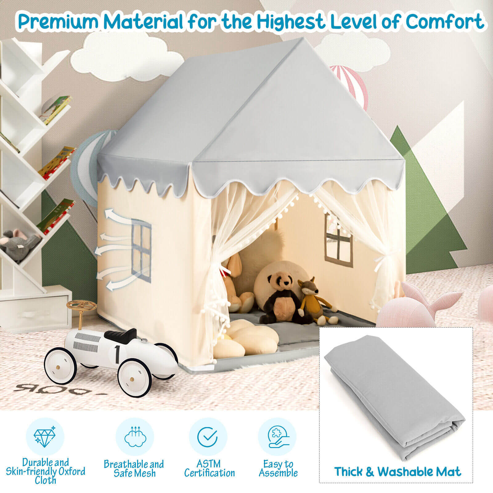 Kids Large Play Castle Fairy Tent With Mat, Beige - Image 9