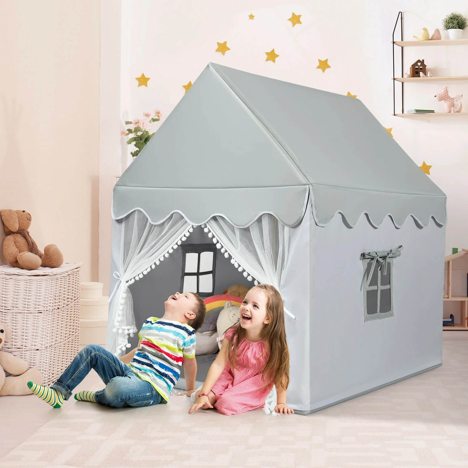 Kids Large Play Castle Fairy Tent With Mat, Gray - Image 2