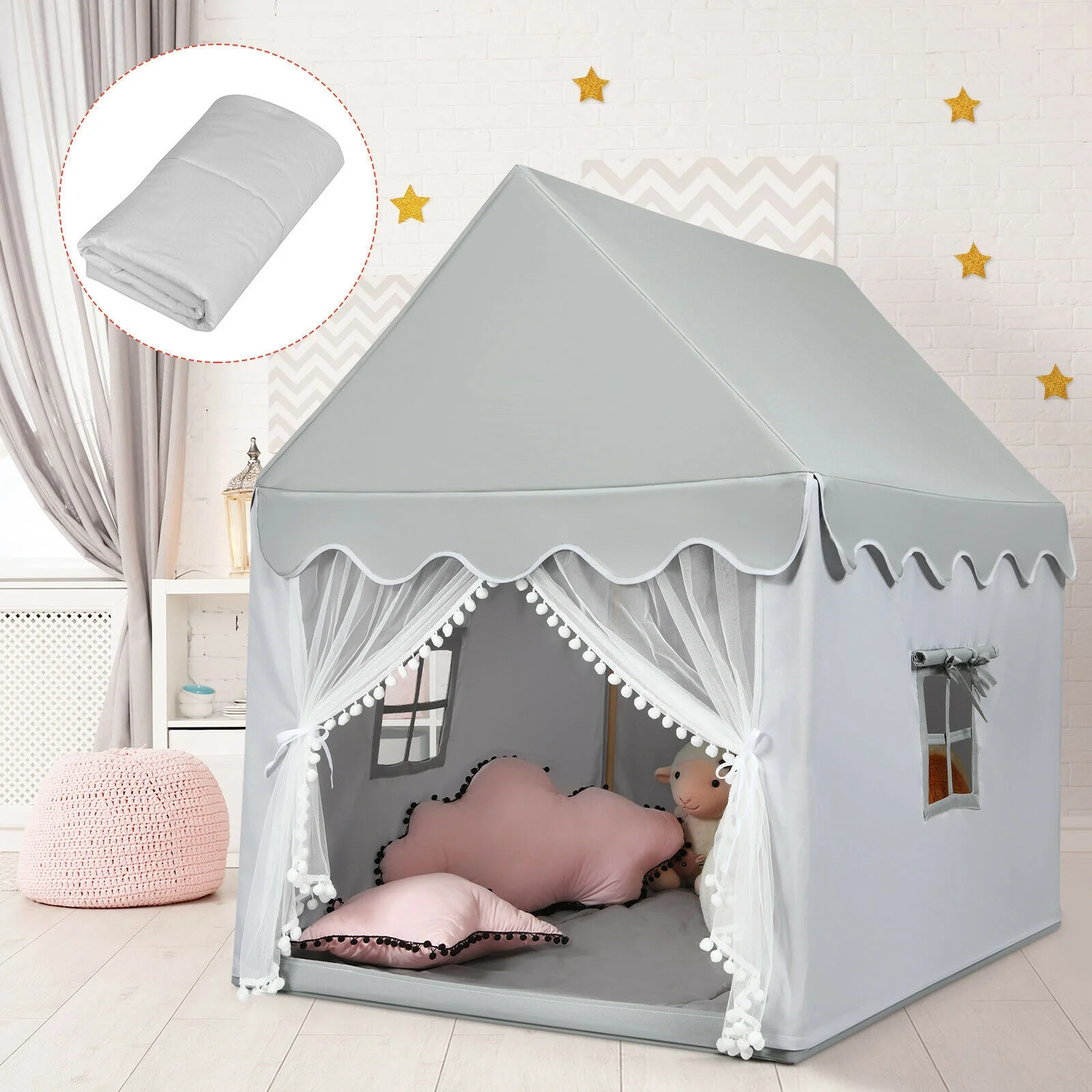Kids Large Play Castle Fairy Tent With Mat, Gray - Image 3