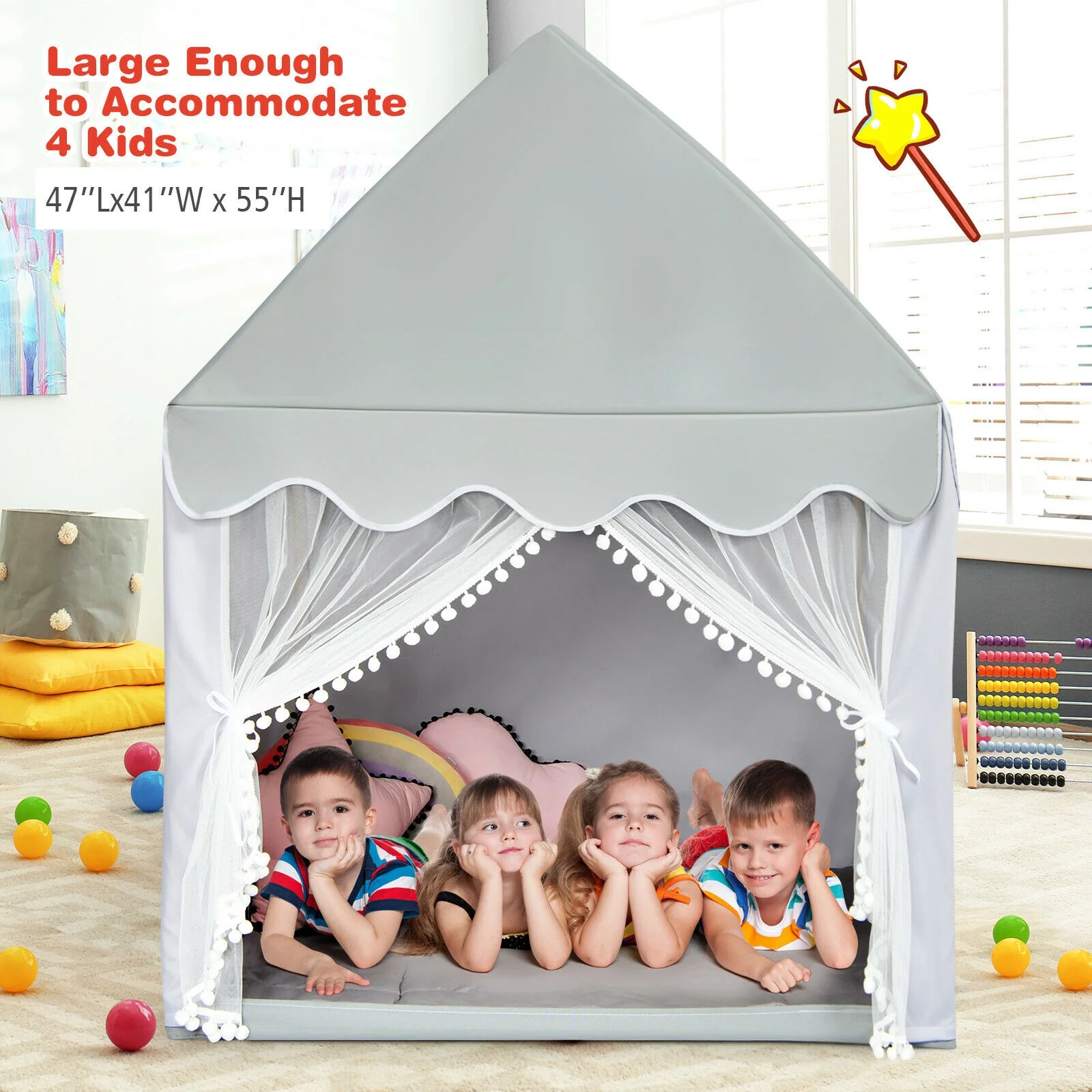 Kids Large Play Castle Fairy Tent With Mat, Gray - Image 6