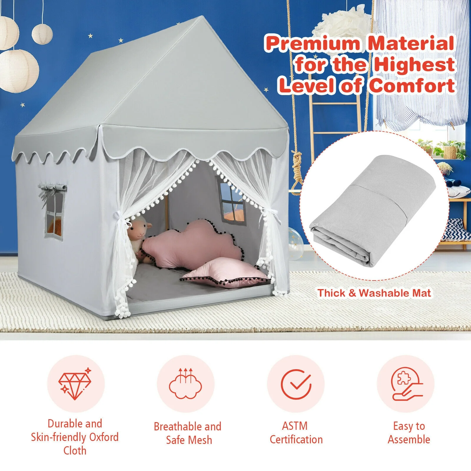 Kids Large Play Castle Fairy Tent With Mat, Gray - Image 8
