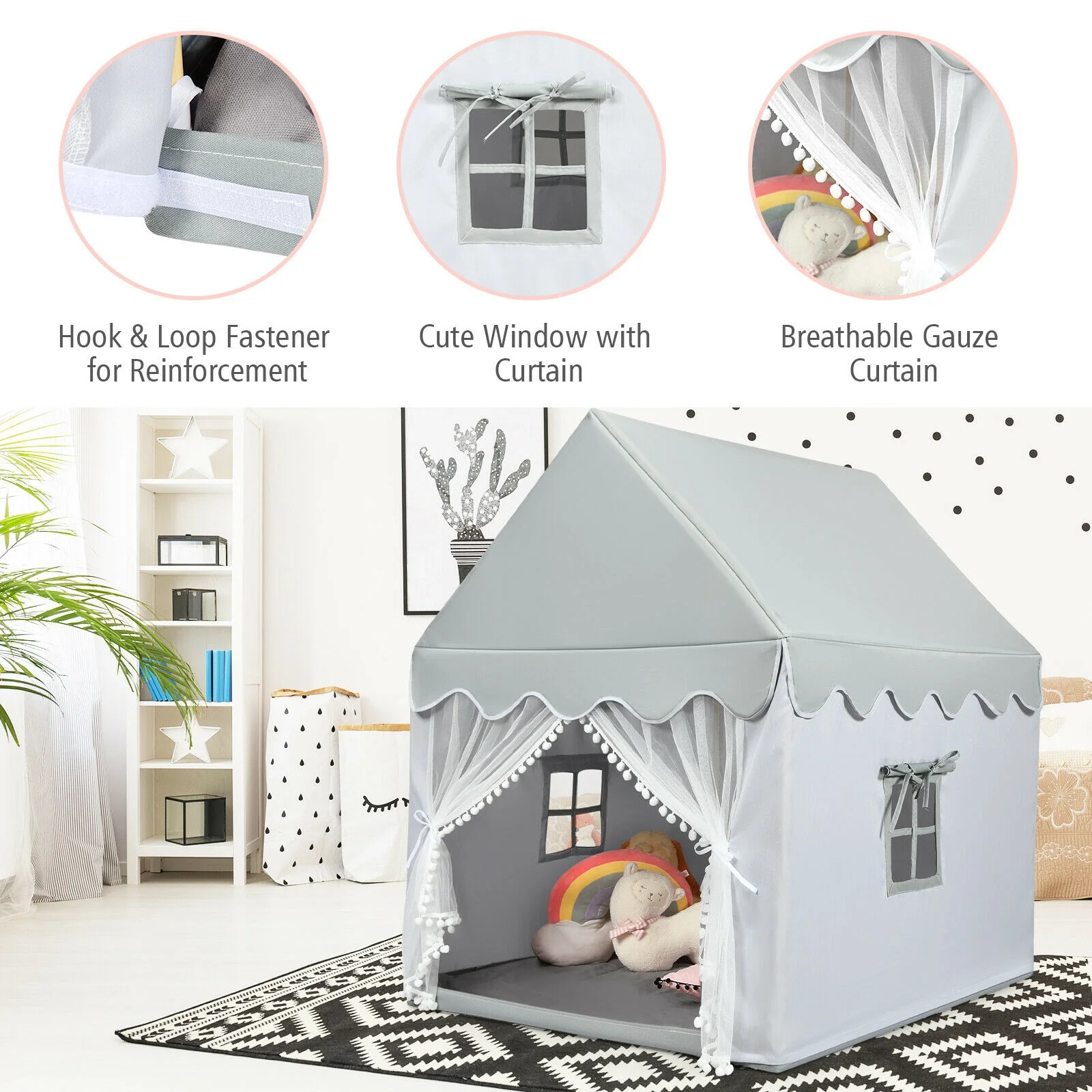 Kids Large Play Castle Fairy Tent With Mat, Gray - Image 9