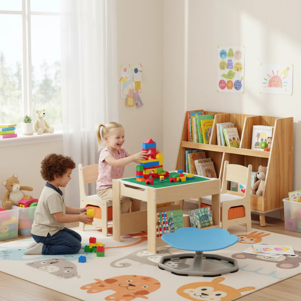Kids Learning & Play Essentials Bundle — Bookshelf + 4-in-1 Activity Table Set + 360° Swivel Chair - Image 2