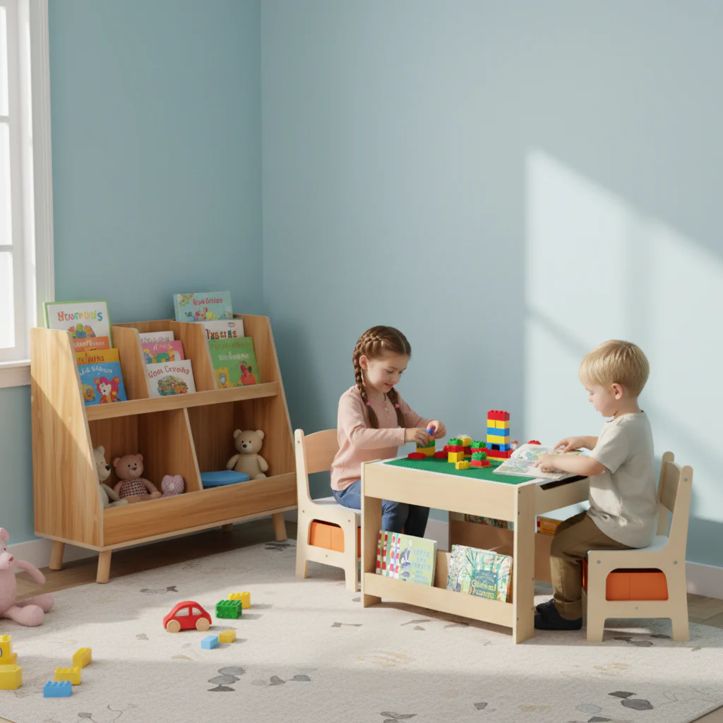 Kids Learning & Play Essentials Bundle — Bookshelf + 4-in-1 Activity Table Set + 360° Swivel Chair - Image 3