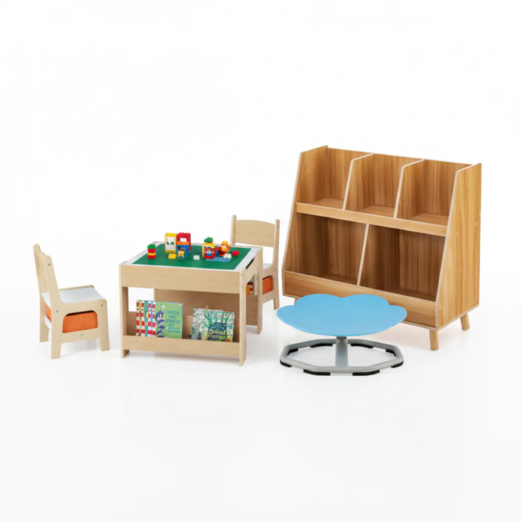 Kids Learning & Play Essentials Bundle — Bookshelf + 4-in-1 Activity Table Set + 360° Swivel Chair - Image 4