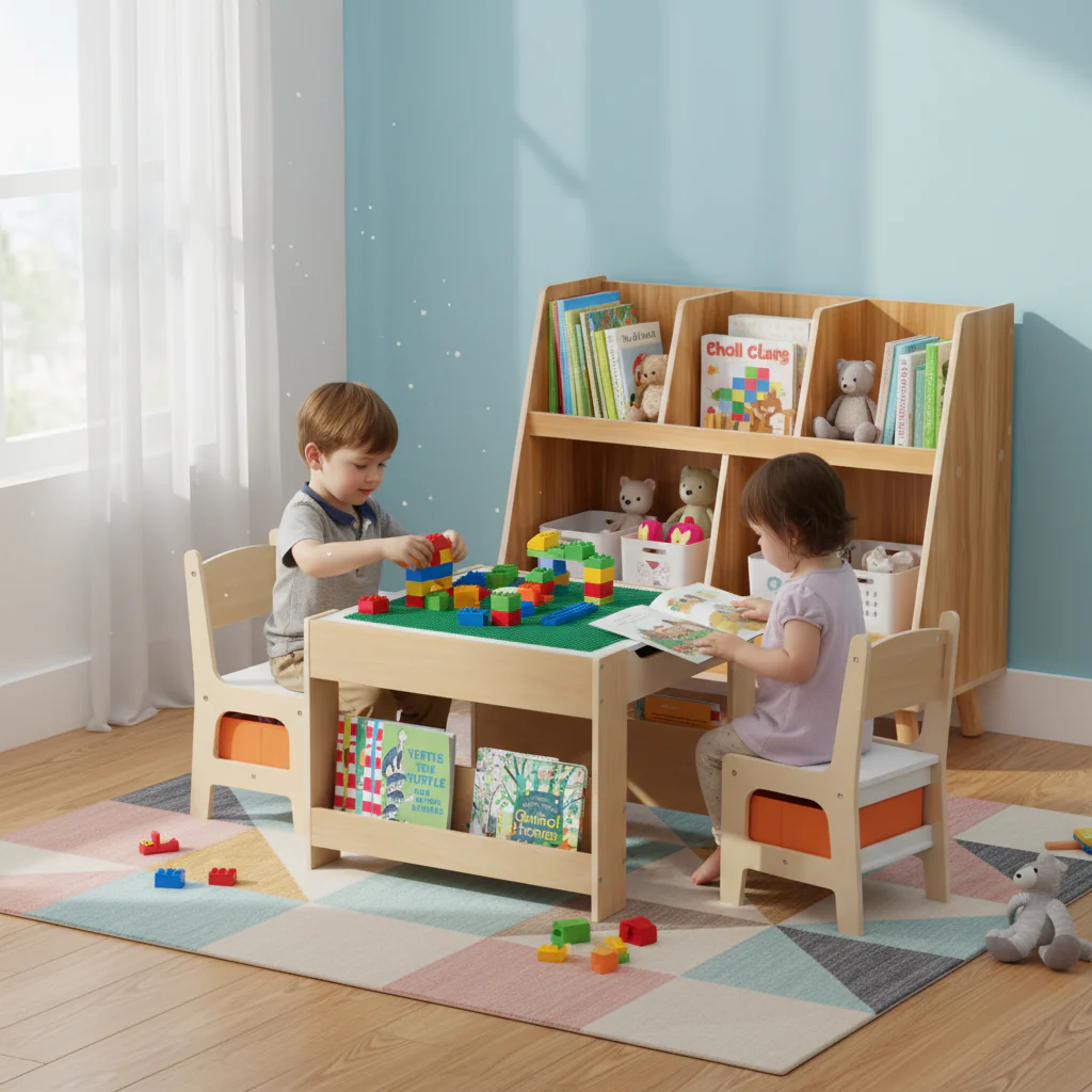 Kids Learning & Play Essentials Bundle — Bookshelf + 4-in-1 Activity Table Set + 360° Swivel Chair - Image 5