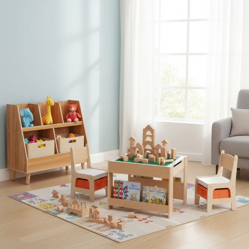 Kids Learning & Play Essentials Bundle — Bookshelf + 4-in-1 Activity Table Set + 360° Swivel Chair - Image 6