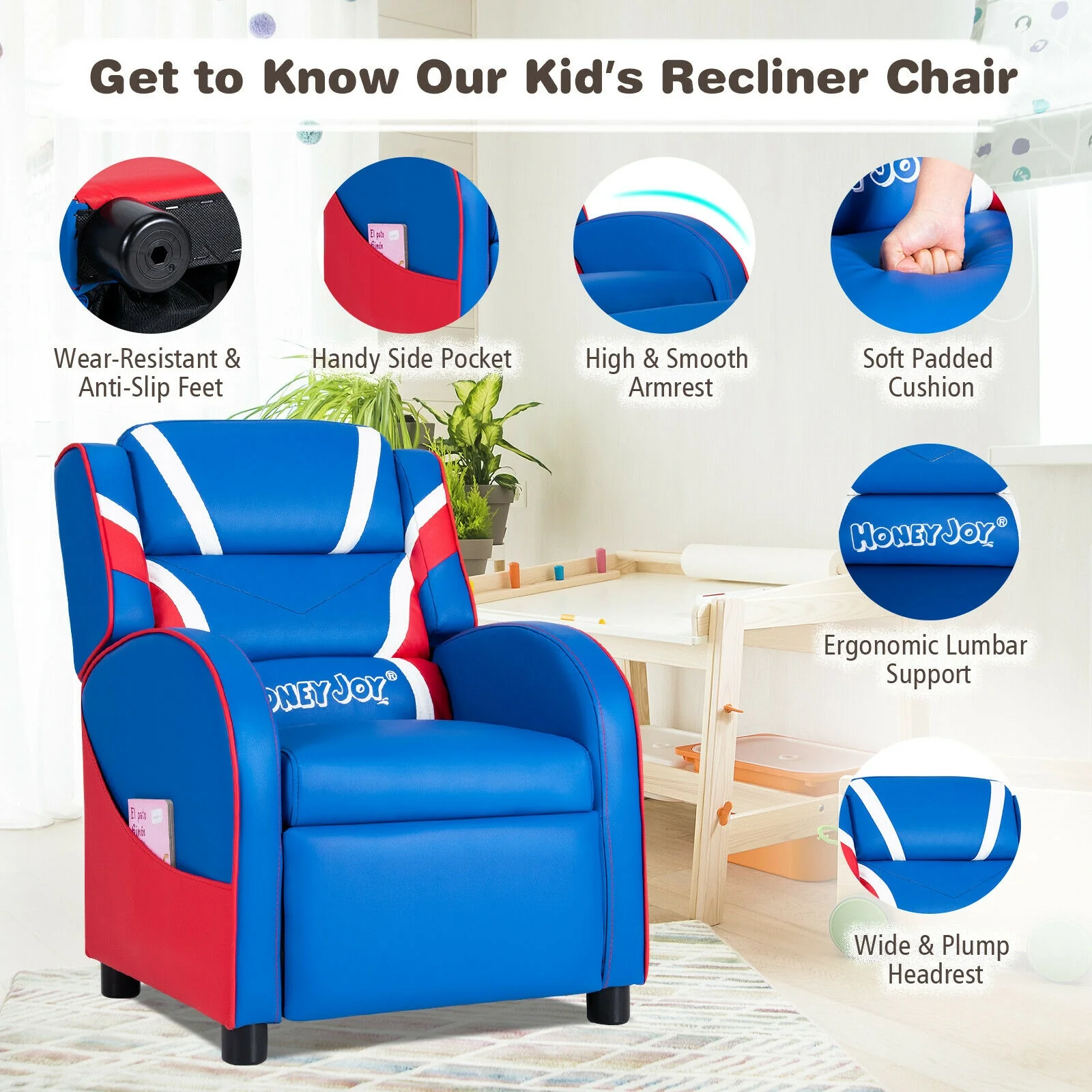 Kids Leather Recliner Chair, With Side Pockets, Blue - Image 10