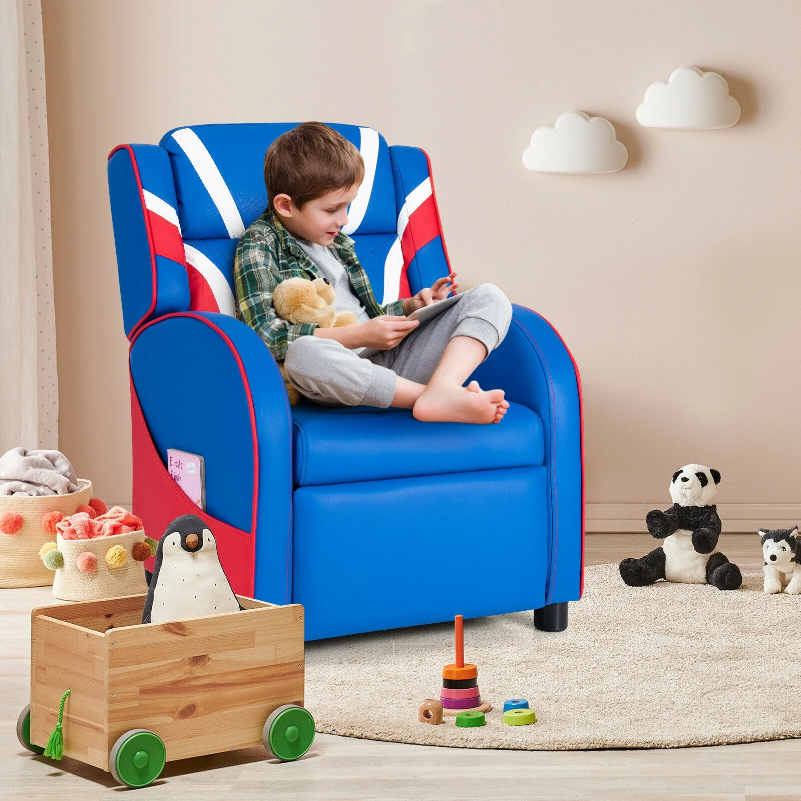 Kids Leather Recliner Chair, With Side Pockets, Blue - Image 3