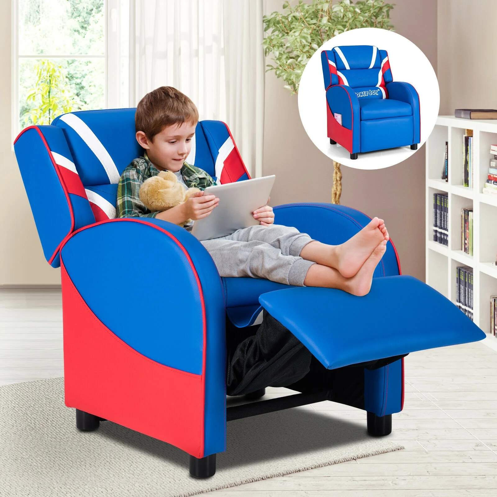 Kids Leather Recliner Chair, With Side Pockets, Blue - Image 8