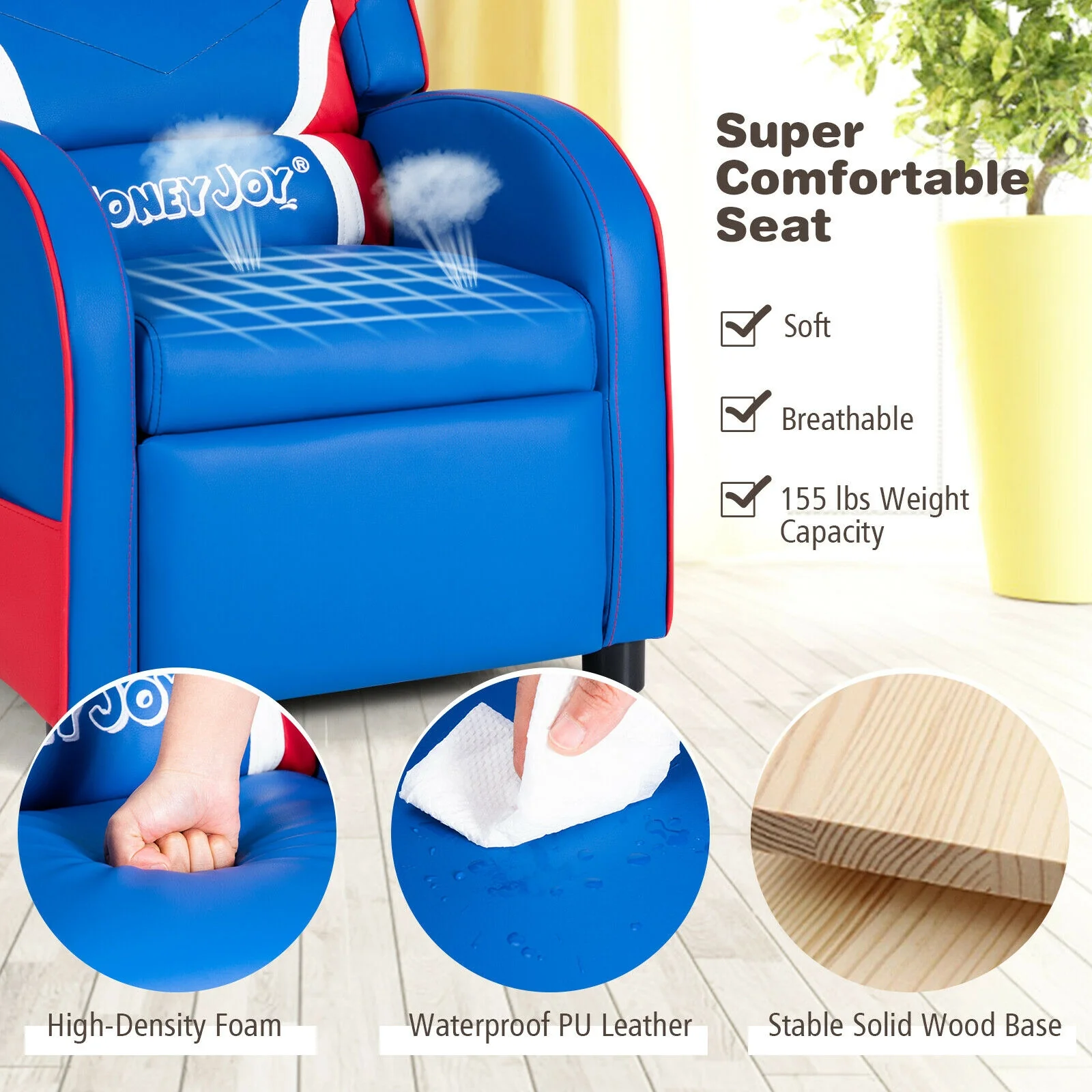 Kids Leather Recliner Chair, With Side Pockets, Blue - Image 9