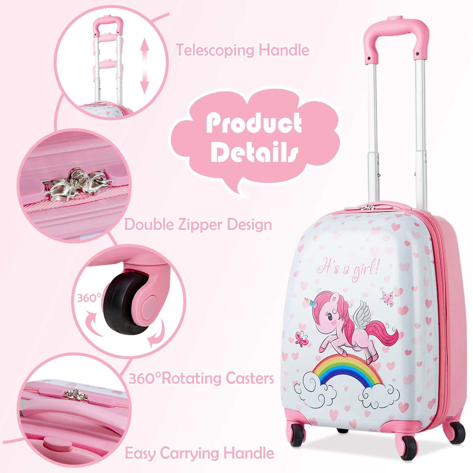 Kids Luggage Set, 12 Inch Backpack and 16 Inch Suitcase with Wheels, Pink - Image 10