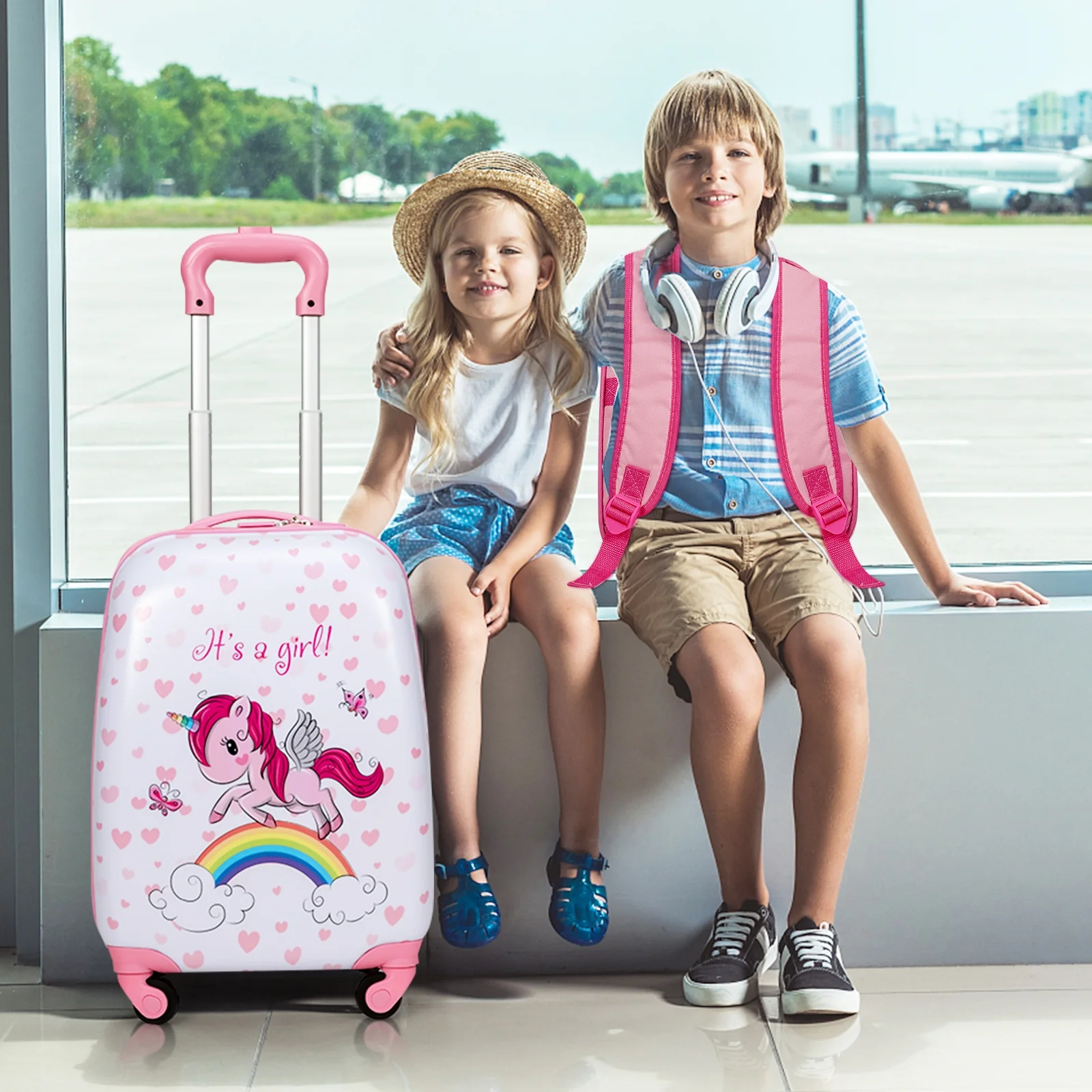 Kids Luggage Set, 12 Inch Backpack and 16 Inch Suitcase with Wheels, Pink - Image 2