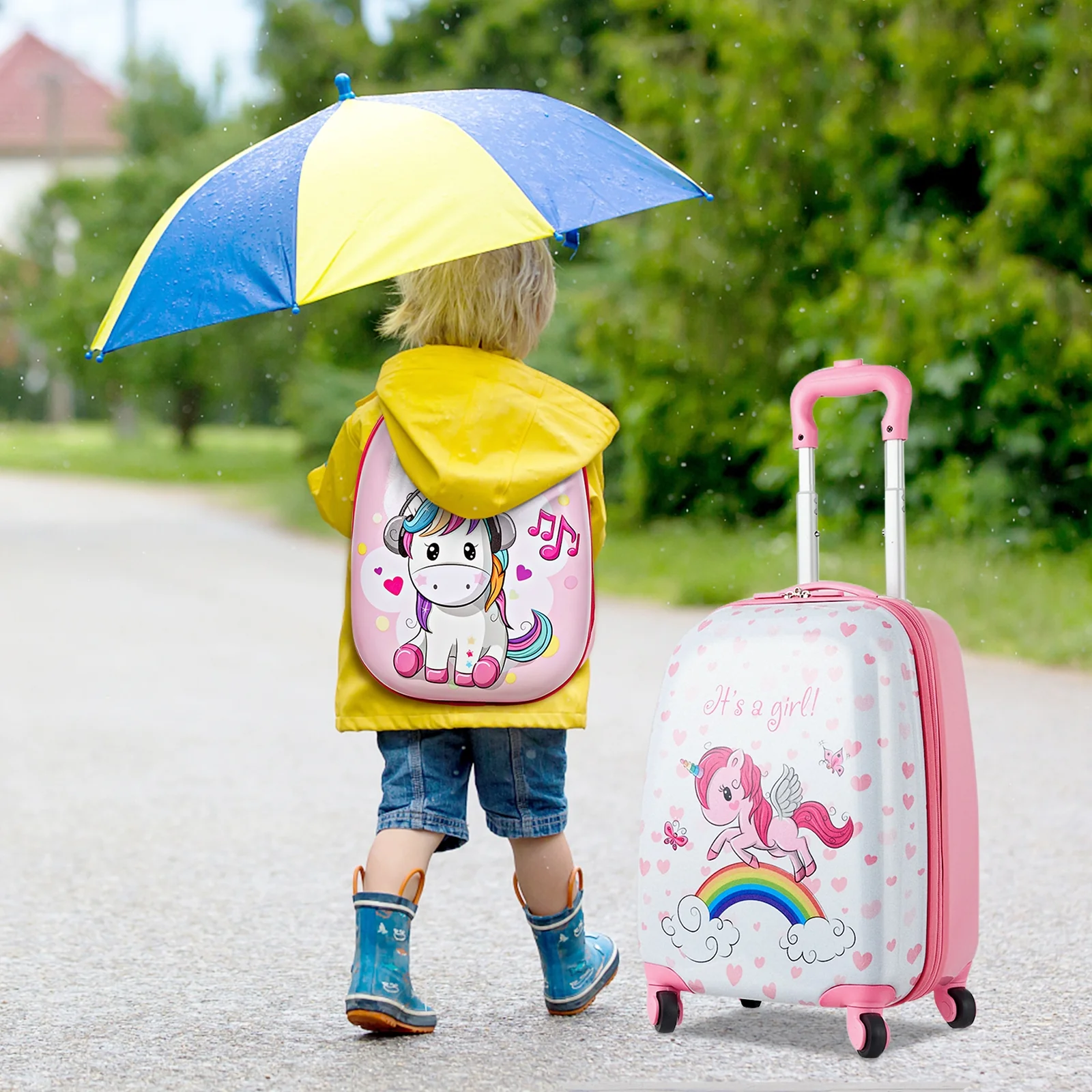 Kids Luggage Set, 12 Inch Backpack and 16 Inch Suitcase with Wheels, Pink - Image 3
