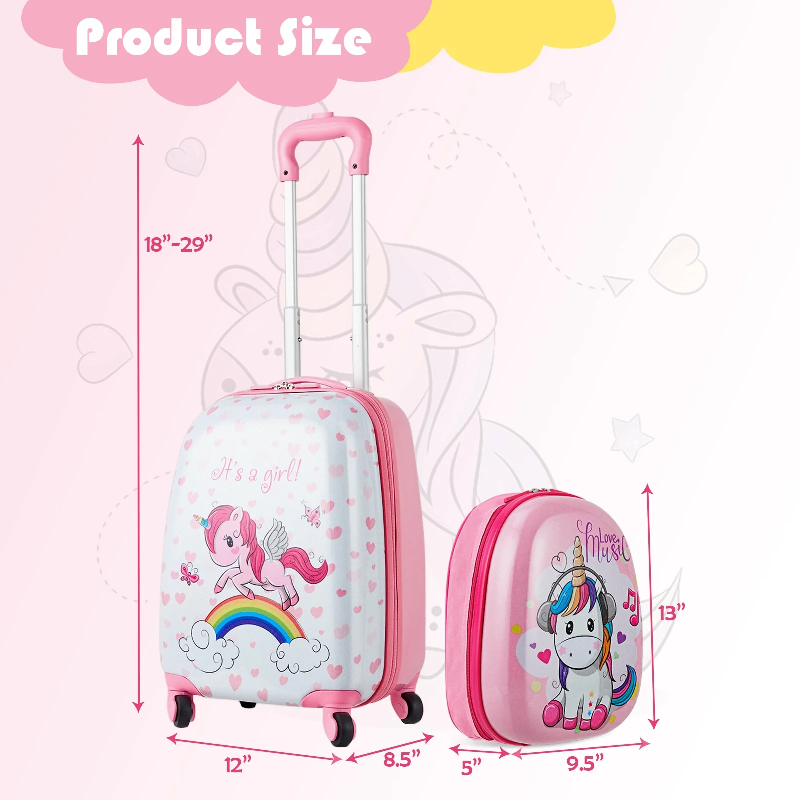 Kids Luggage Set, 12 Inch Backpack and 16 Inch Suitcase with Wheels, Pink - Image 5