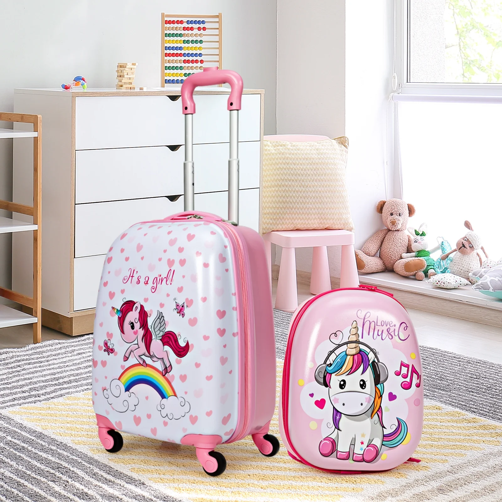 Kids Luggage Set, 12 Inch Backpack and 16 Inch Suitcase with Wheels, Pink - Image 7