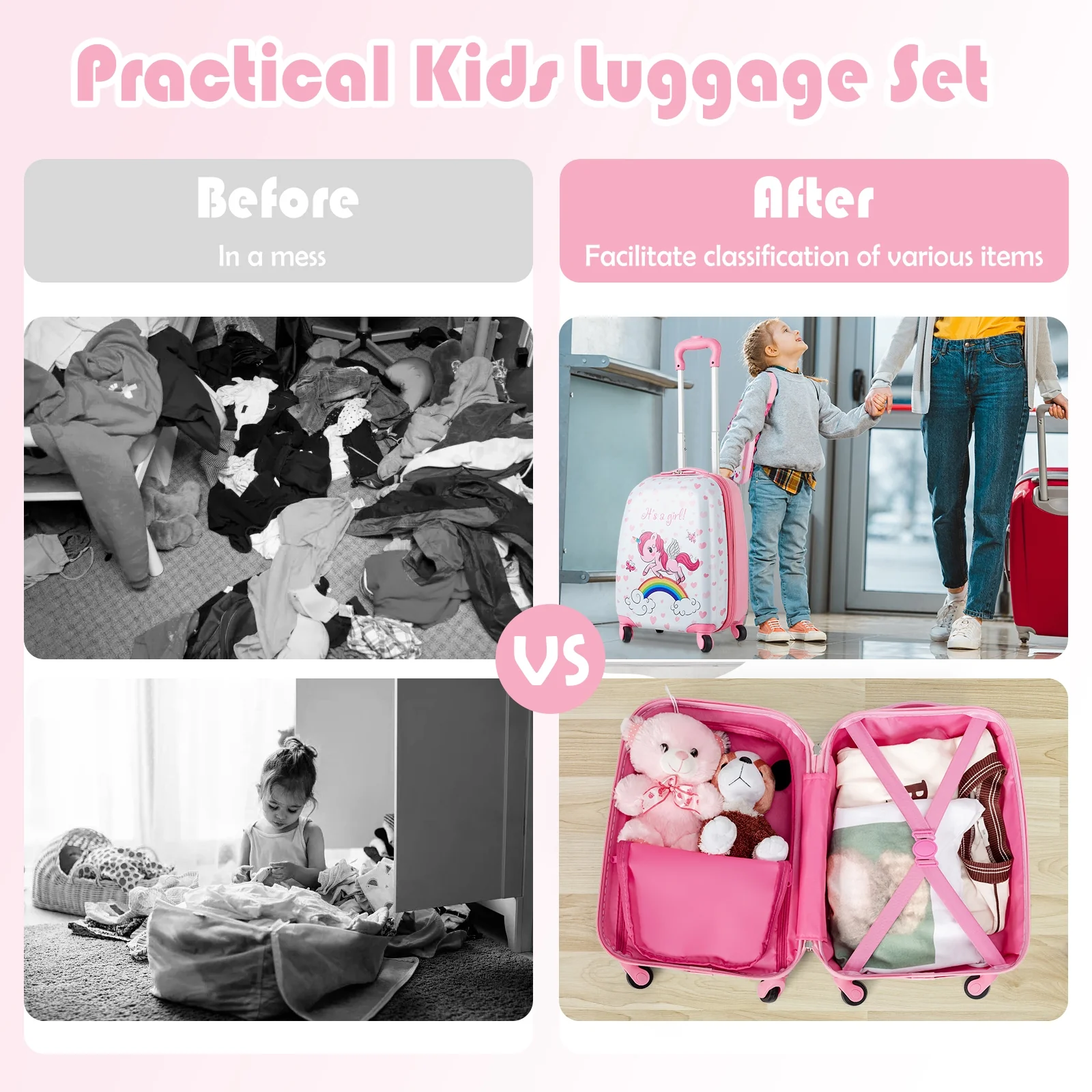 Kids Luggage Set, 12 Inch Backpack and 16 Inch Suitcase with Wheels, Pink - Image 8