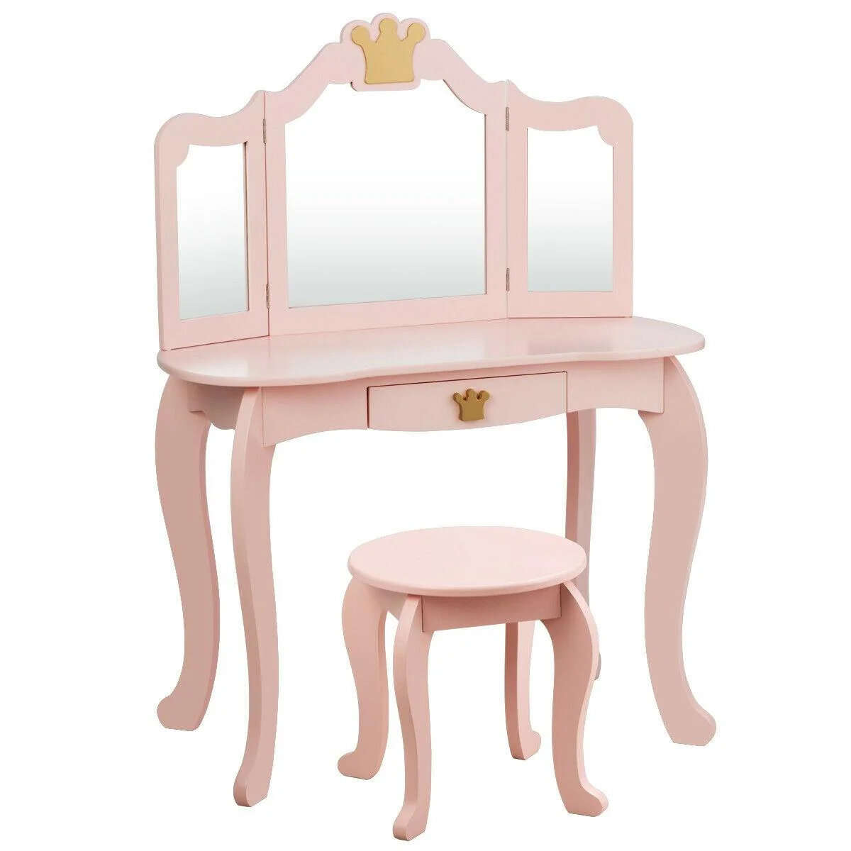 Kids Makeup Dressing Table With Tri-Folding Mirror And Stool, Pink