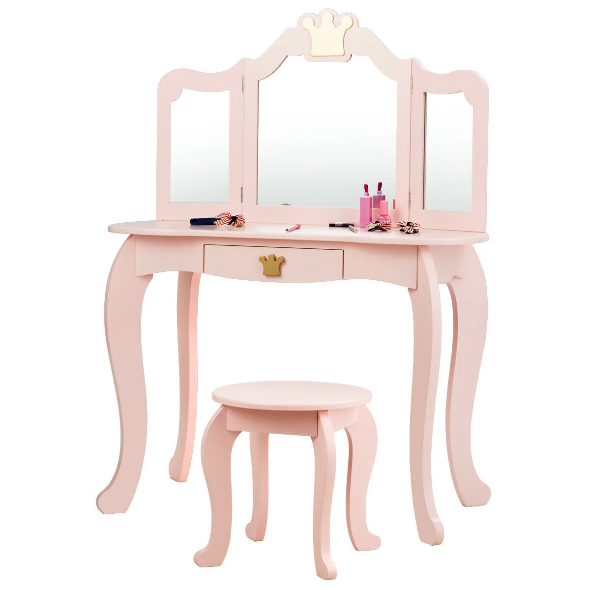 Kids Makeup Dressing Table With Tri-Folding Mirror And Stool, Pink - Image 10