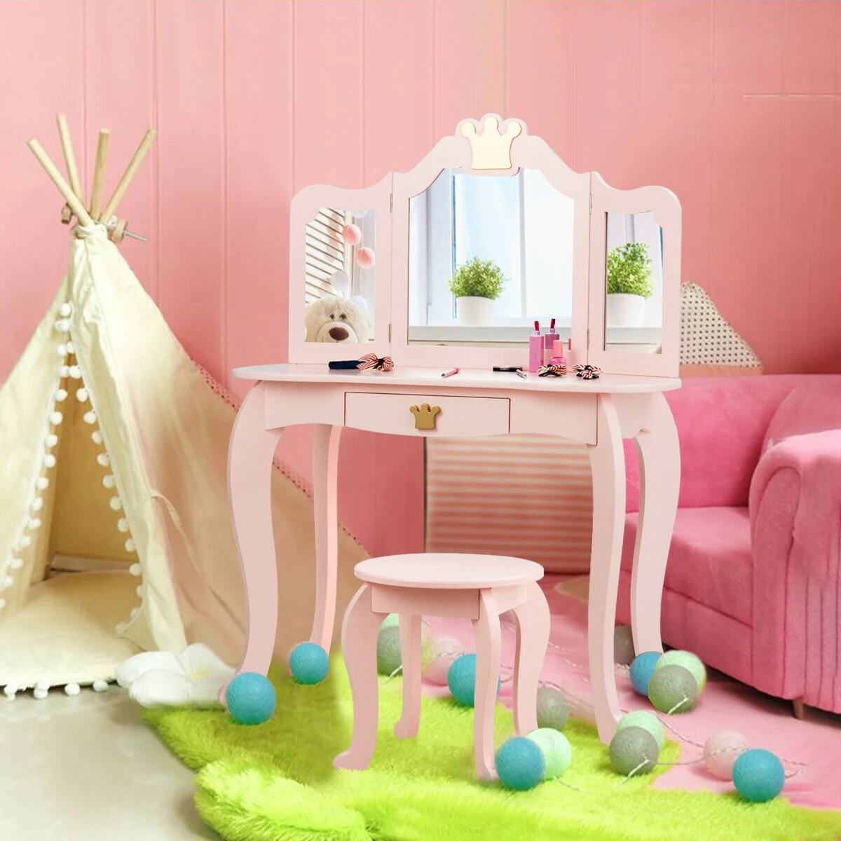 Kids Makeup Dressing Table With Tri-Folding Mirror And Stool, Pink - Image 2