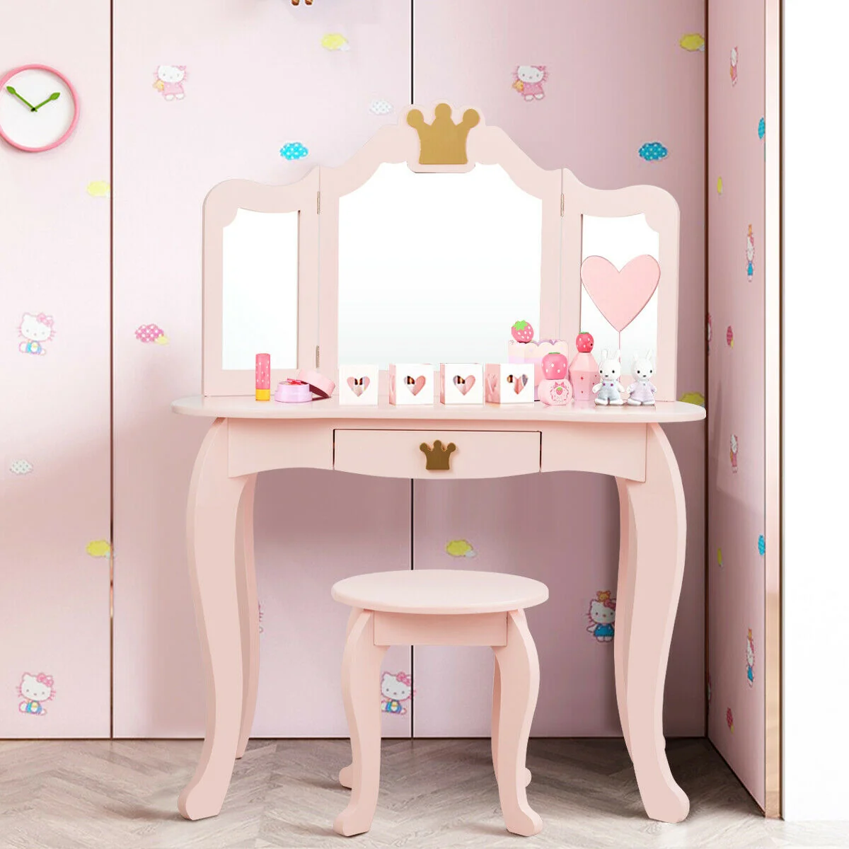 Kids Makeup Dressing Table With Tri-Folding Mirror And Stool, Pink - Image 3