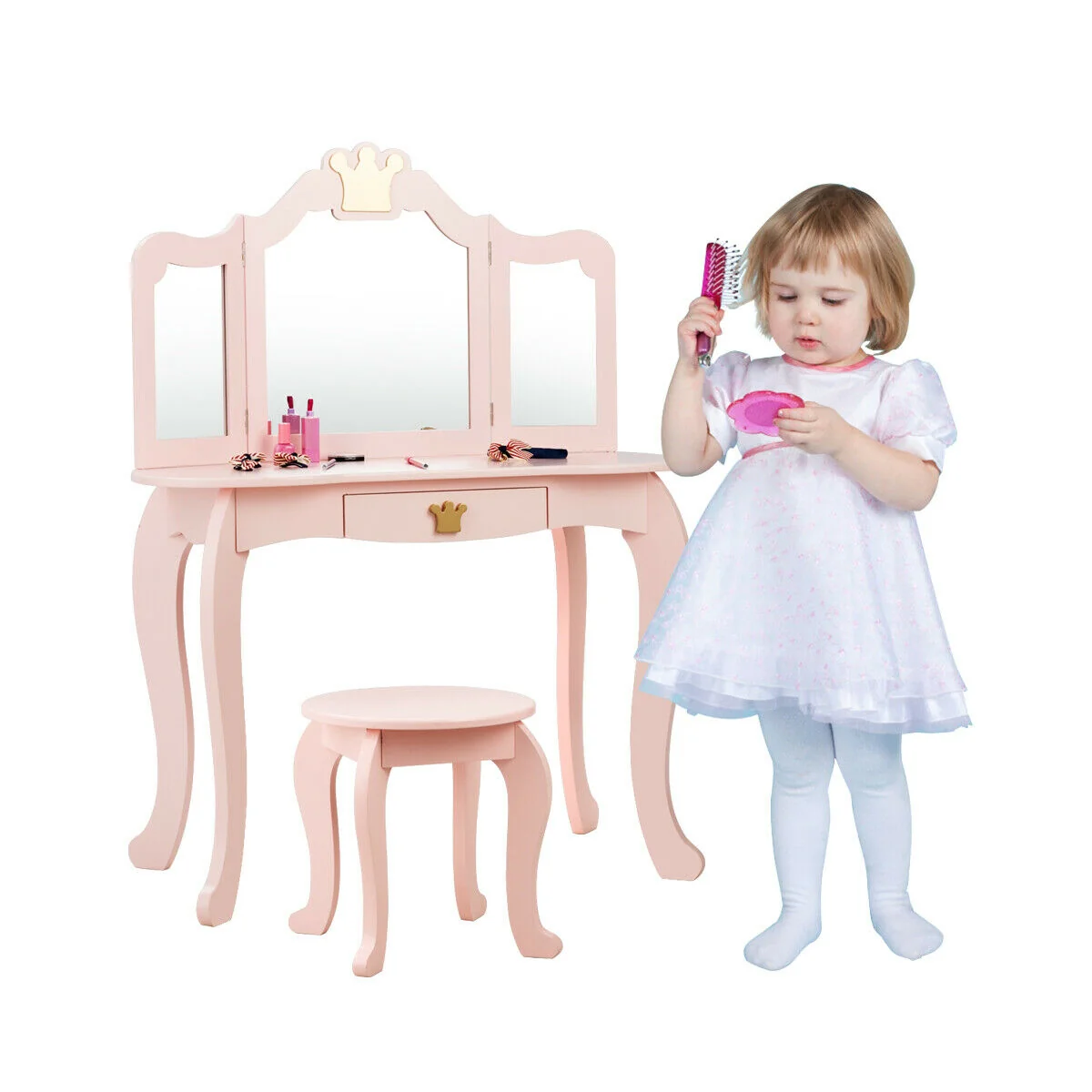 Kids Makeup Dressing Table With Tri-Folding Mirror And Stool, Pink - Image 5