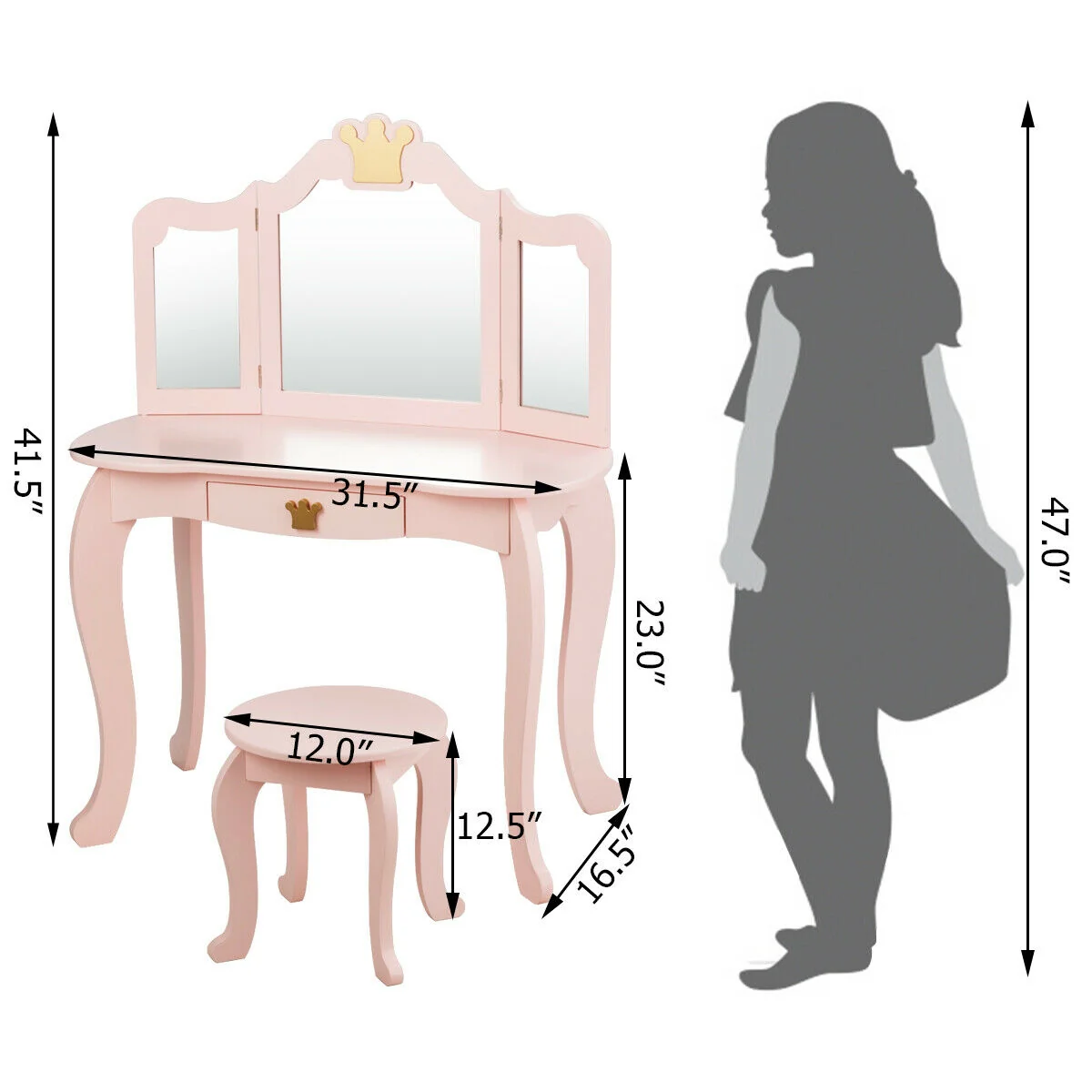 Kids Makeup Dressing Table With Tri-Folding Mirror And Stool, Pink - Image 6