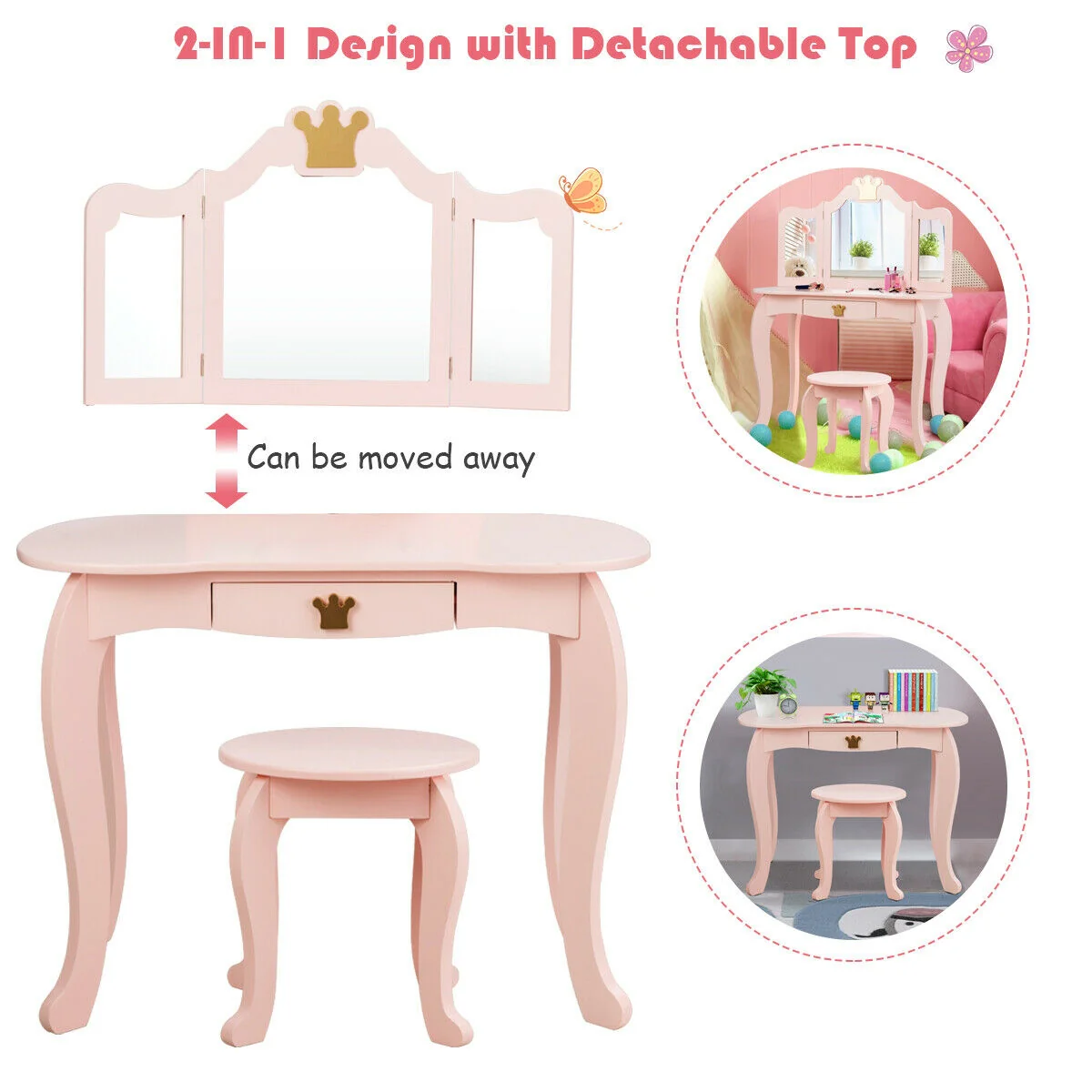 Kids Makeup Dressing Table With Tri-Folding Mirror And Stool, Pink - Image 7