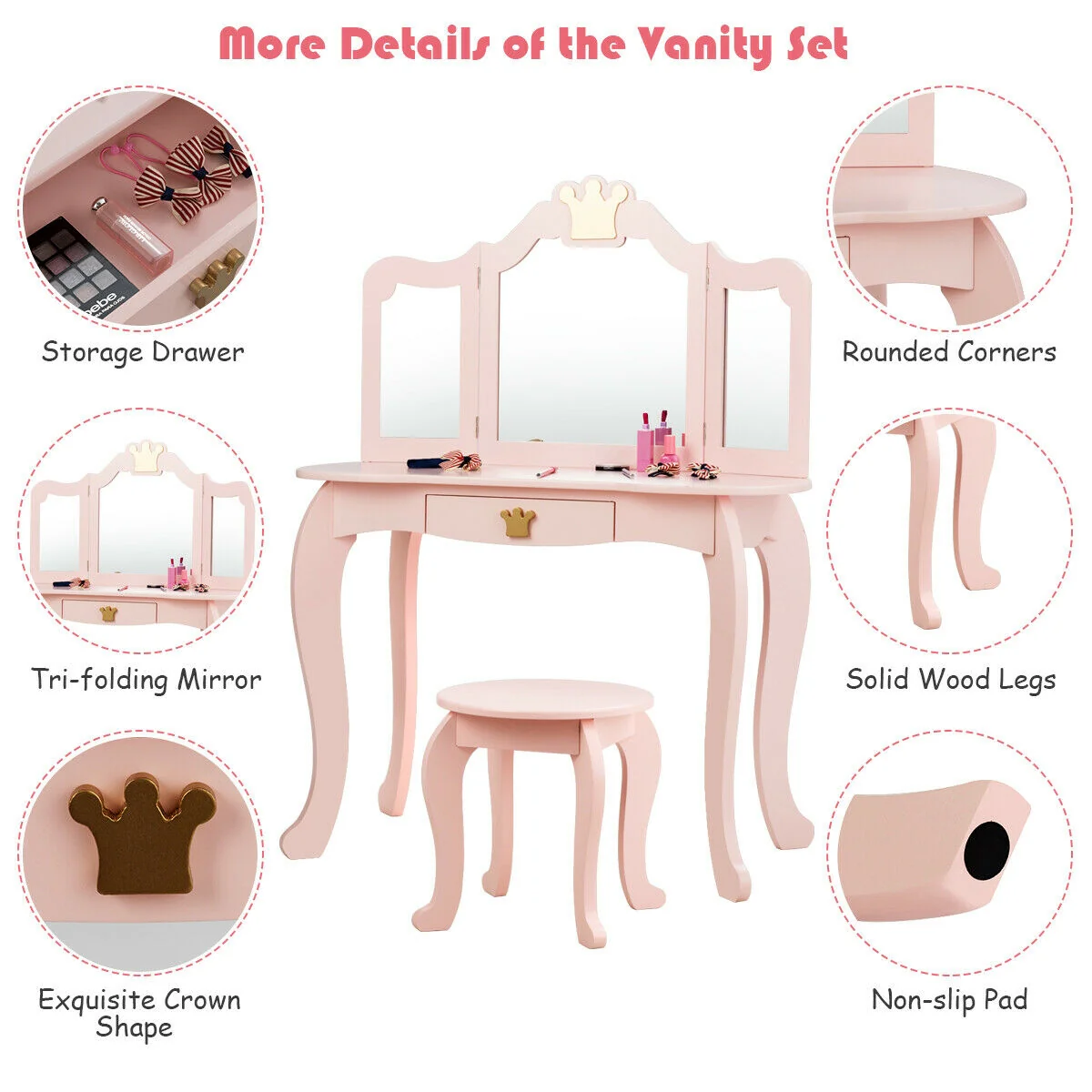 Kids Makeup Dressing Table With Tri-Folding Mirror And Stool, Pink - Image 8