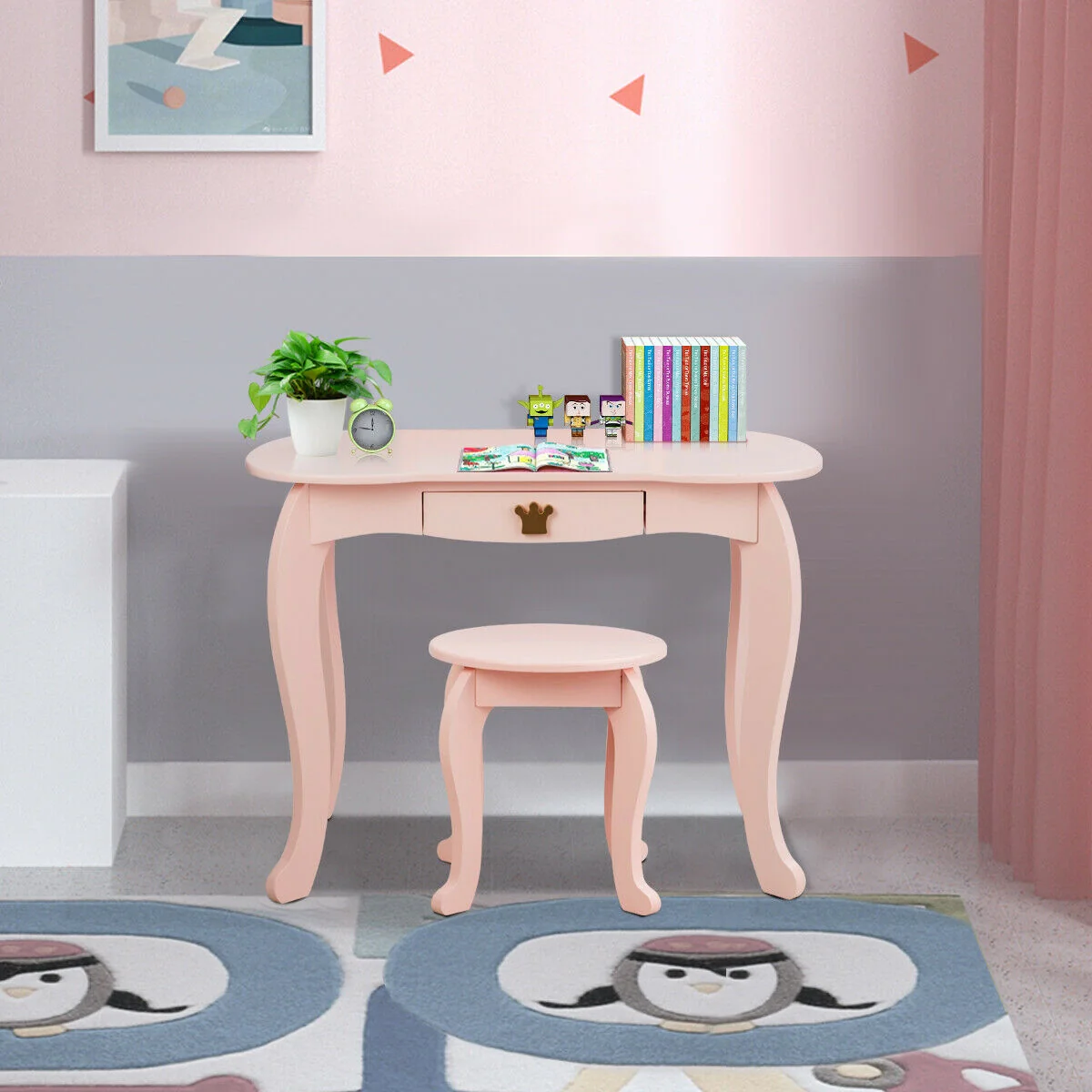 Kids Makeup Dressing Table With Tri-Folding Mirror And Stool, Pink - Image 9