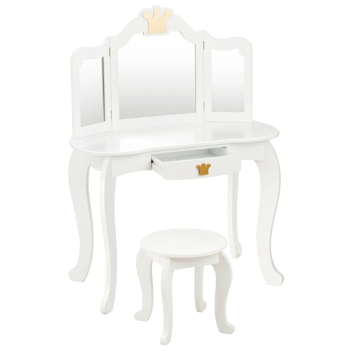 Kids Makeup Dressing Table With Tri-Folding Mirror And Stool, White