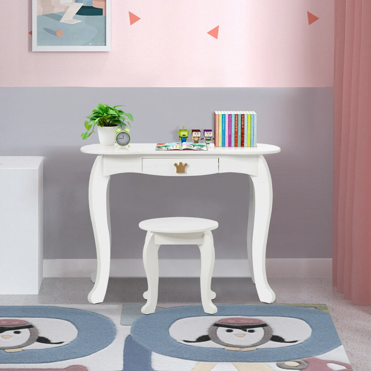 Kids Makeup Dressing Table With Tri-Folding Mirror And Stool, White - Image 3