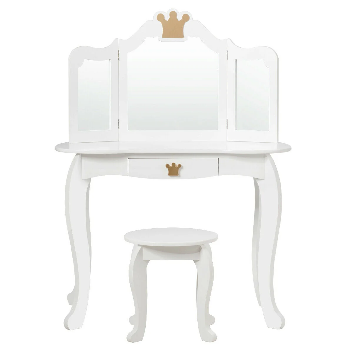 Kids Makeup Dressing Table With Tri-Folding Mirror And Stool, White - Image 5