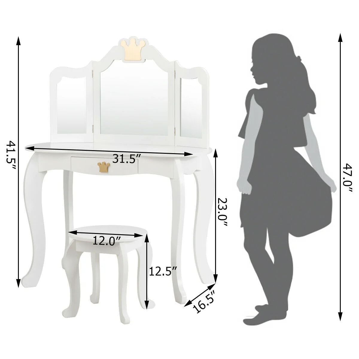 Kids Makeup Dressing Table With Tri-Folding Mirror And Stool, White - Image 6
